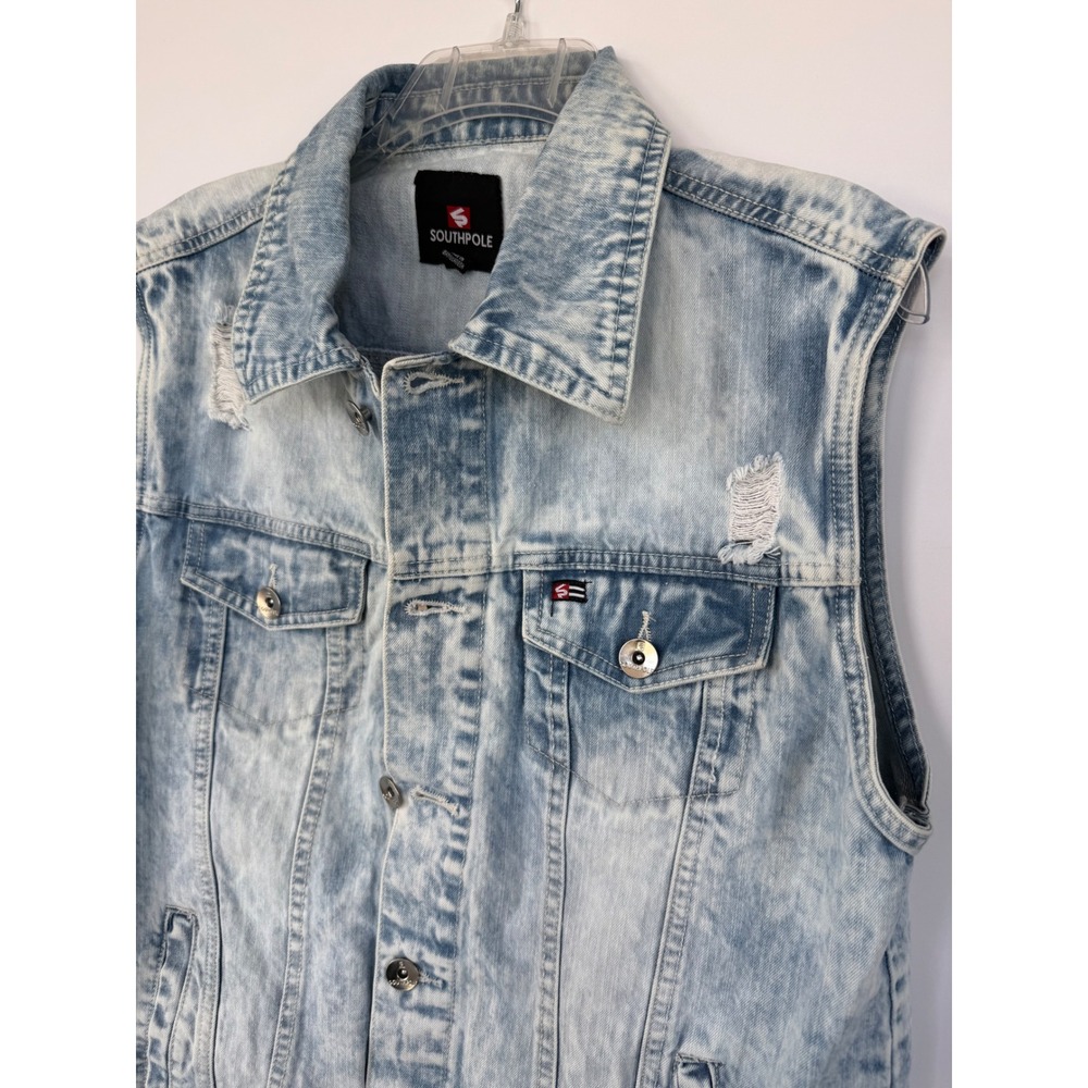 Vintage Y2K South Pole Distressed Denim Trucker Vest Men's Small Grunge Hip-Hop